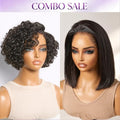 2 For 1 | Natural Black Water Wave Pixie Cut Glueless Minimalist HD Lace Short Curly Wig + Pre-do Lagos Hairline Flexi Fit Invisi Drawstring Cap Silky Straight Bob 13x4 Frontal HD Lace Wig