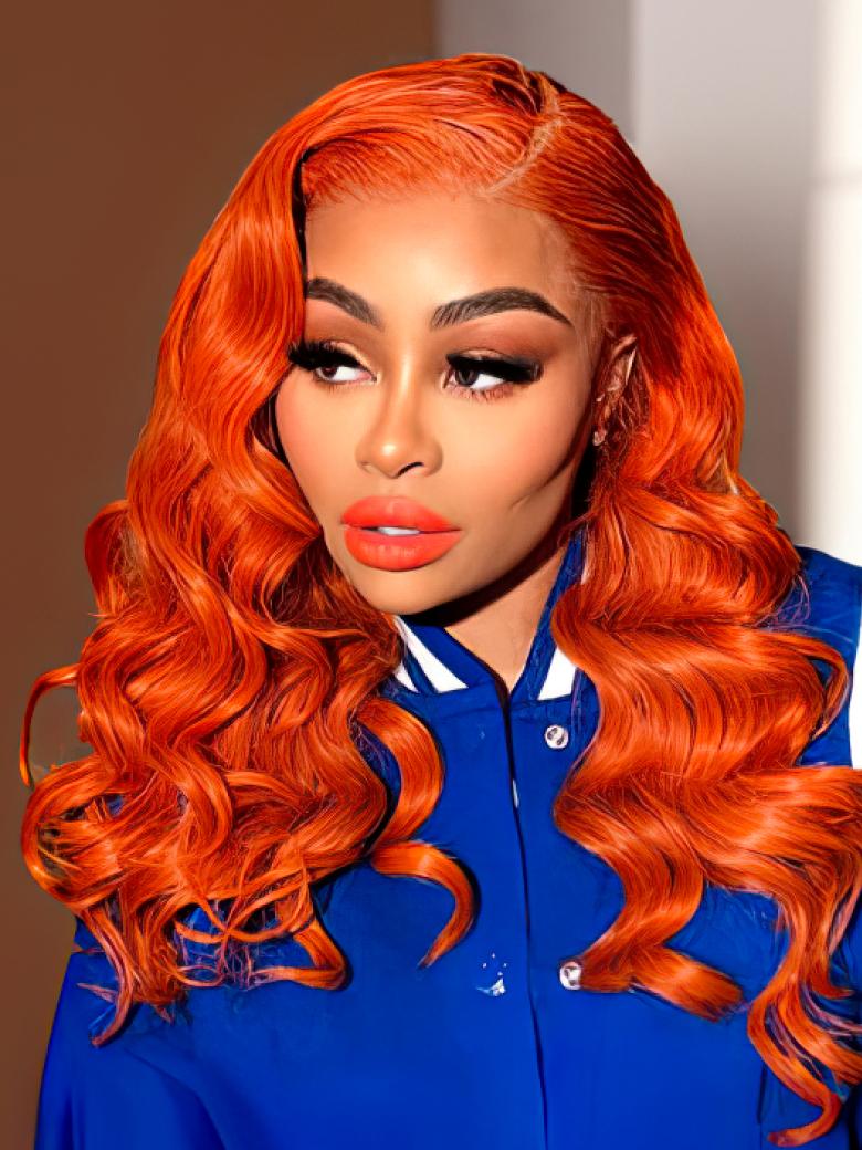 A model displays the UNice Hair #350 Color Virgin Hair Weave Ginger Hair 1 Piece Hair Bundle Body Wave, showing a model with long red hair and a blue shirt and body wave.