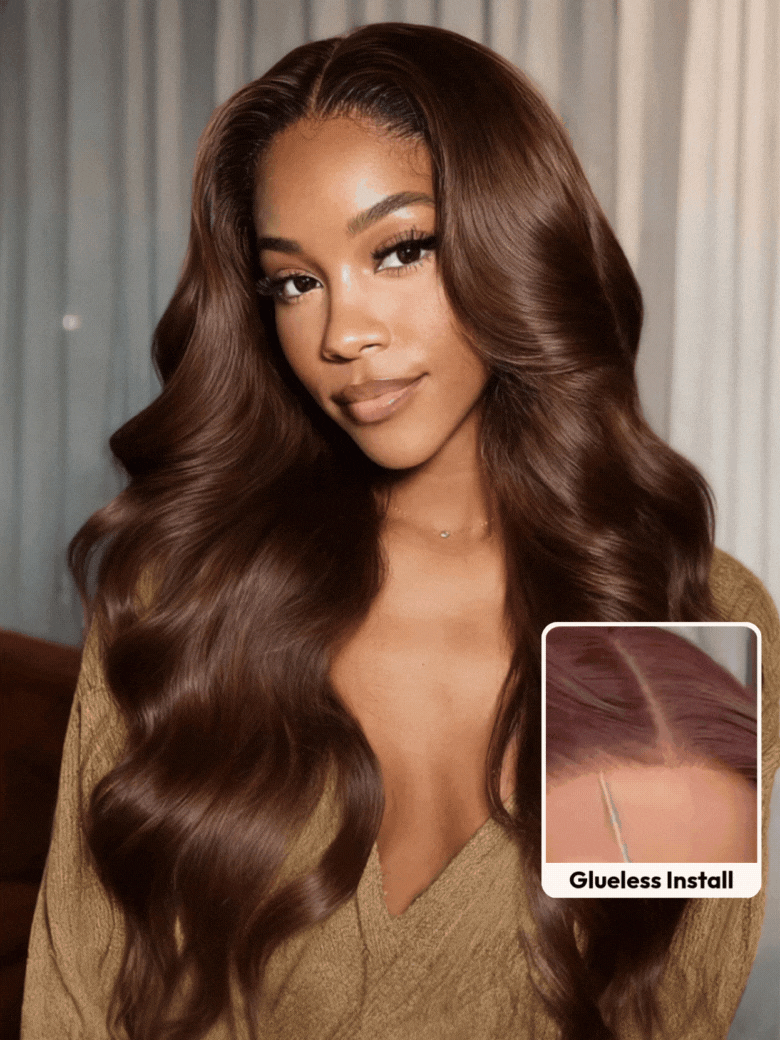 A model displays the UNice Glueless Auburn/Red Brown 13x4 Pre-Everything & 7x5 Lace Wig Loose Wave, showing a model with long brown hair and a brown sweater and loose.