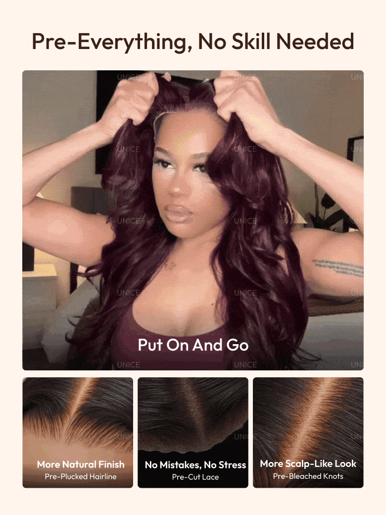 A model displays the UNice 7x5 & 13x4 Bye Bye Slip Glueless Lace Purple Black Cherry Loose Wave & Layered, showing a model with long hair and a purple wig and loose wave.