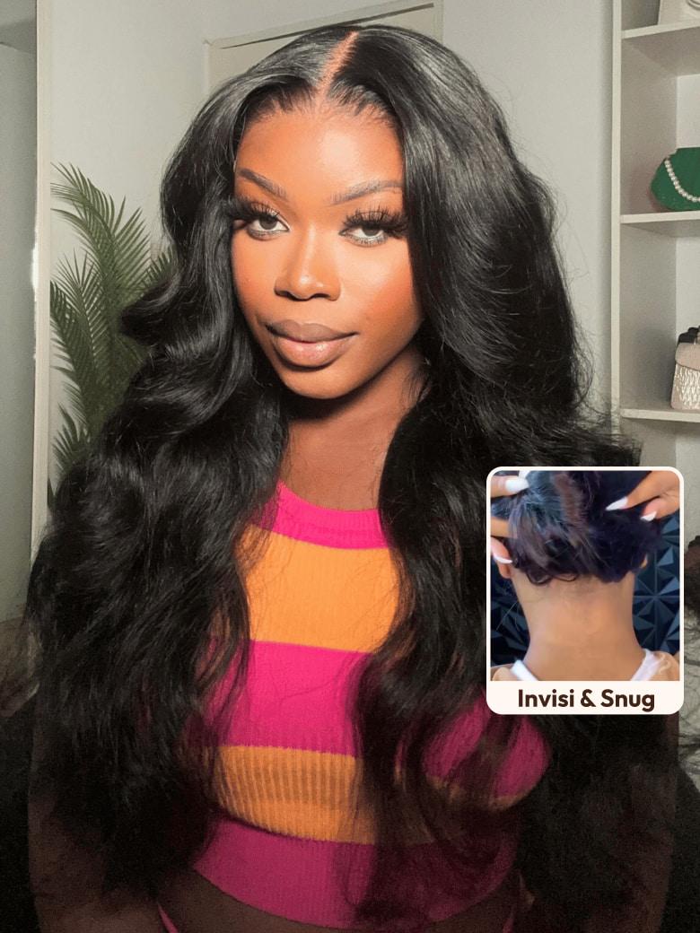 The UNice Invisi Drawstring UNice 13x4 Pre-Everything Transparent Lace & HD Lace Front wig visual image position 5 shows a model with long black hair and a pink top |.