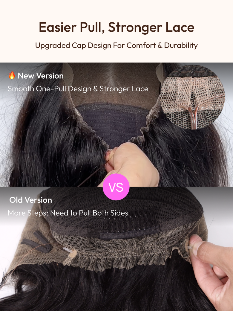 A model displays the UNice Invisible Strap 360 Lace Black Water Wave and Body Wave Wig, showing a woman ' s hair is shown with the same hairline and body wave texture.