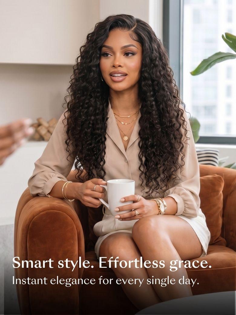 A model displays the UNice 13x4 Pre-Everything Pre-Cut HD & Transparent Lace Front Water Wave Drawstring wig, showing a woman sitting on a couch holding a cup and water.