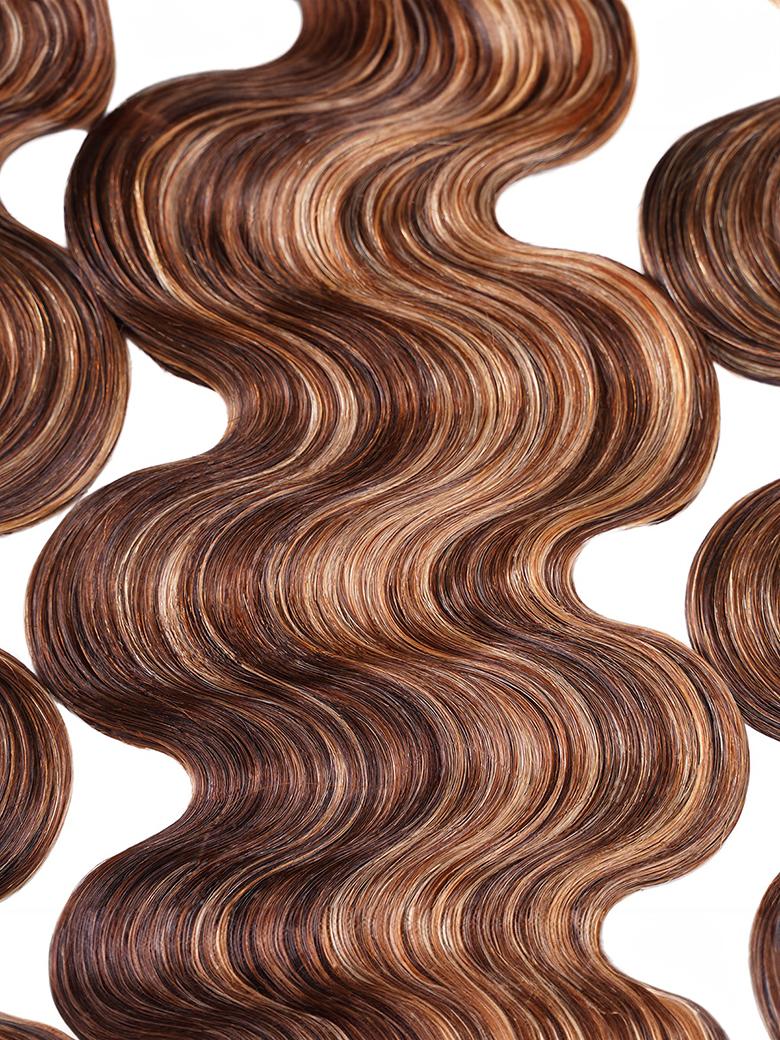 The UNice Gorgeous Highlight Honey Blonde Bouncy Body Wave Hair 4 Bundles product image shows a pile of wavy hair and body wave texture, honey blonde, highlight.
