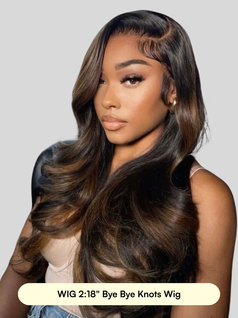 A model displays the UNice 16"-18" : Glueless 7x5 Bye Bye Knots Wig, showing a model with long brown hair and a white background and 7x5, glueless wear.