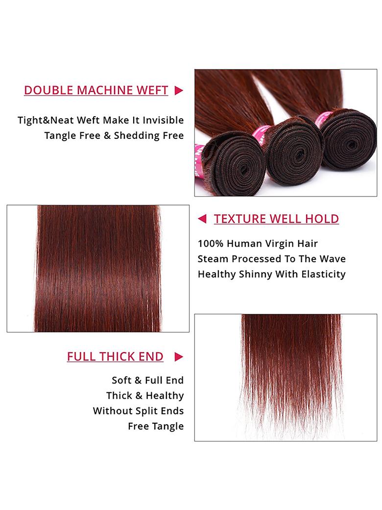 The UNice Vibrant Reddish Brown Silky Straight 4Pcs 100% Remy Human Hair Bundles Deal image highlights DOUBLEMACHINEWEFT, Tight&NeatWeftMakeItInvisible.