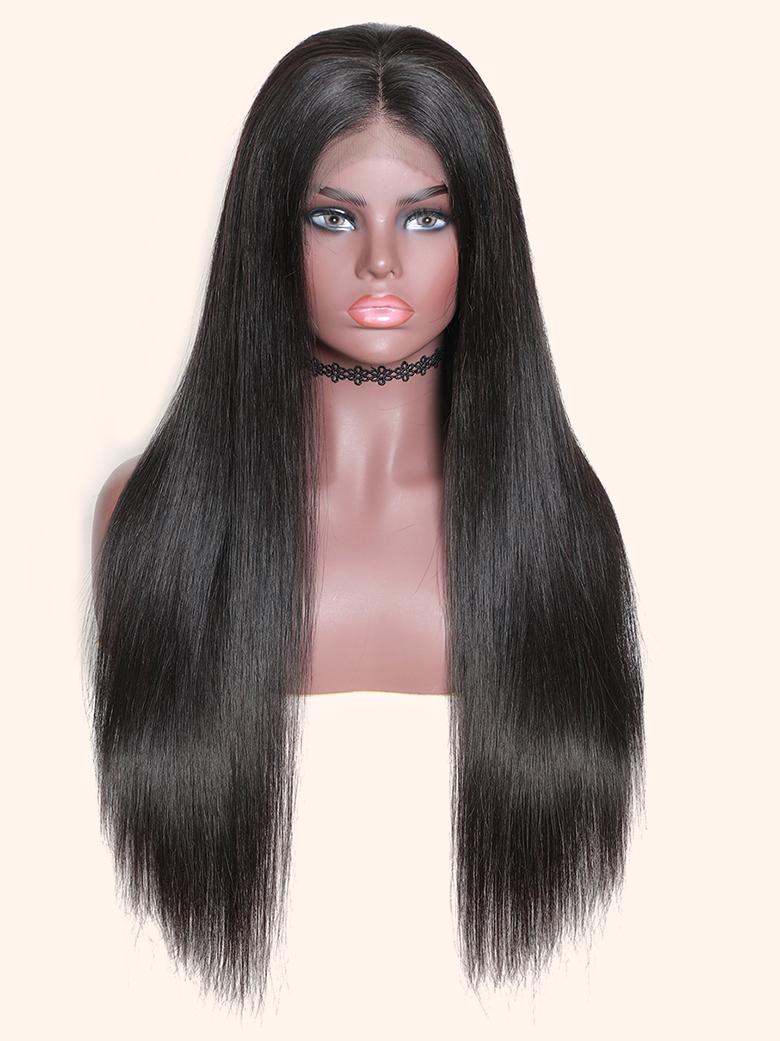 The UNice 200% Density 13x4 Transparent Lace Frontal Black Straight 7x5 Bye Bye Knots product image shows a wig with long hair on a mann and straight texture, 13x4, 7x5.