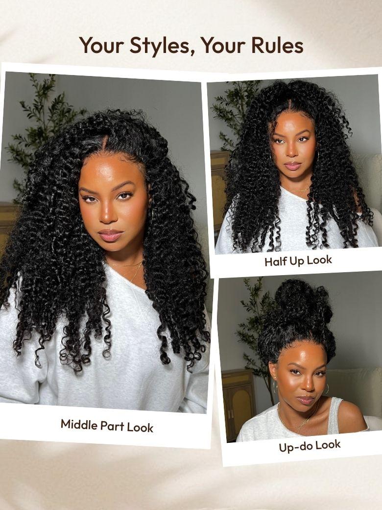 A model displays the UNice 20''-24'' Real Glueless 7x5 Bye Bye Knots Lace Curly Texture Premium Hair wig, showing a model with long curly hair and a white shirt.