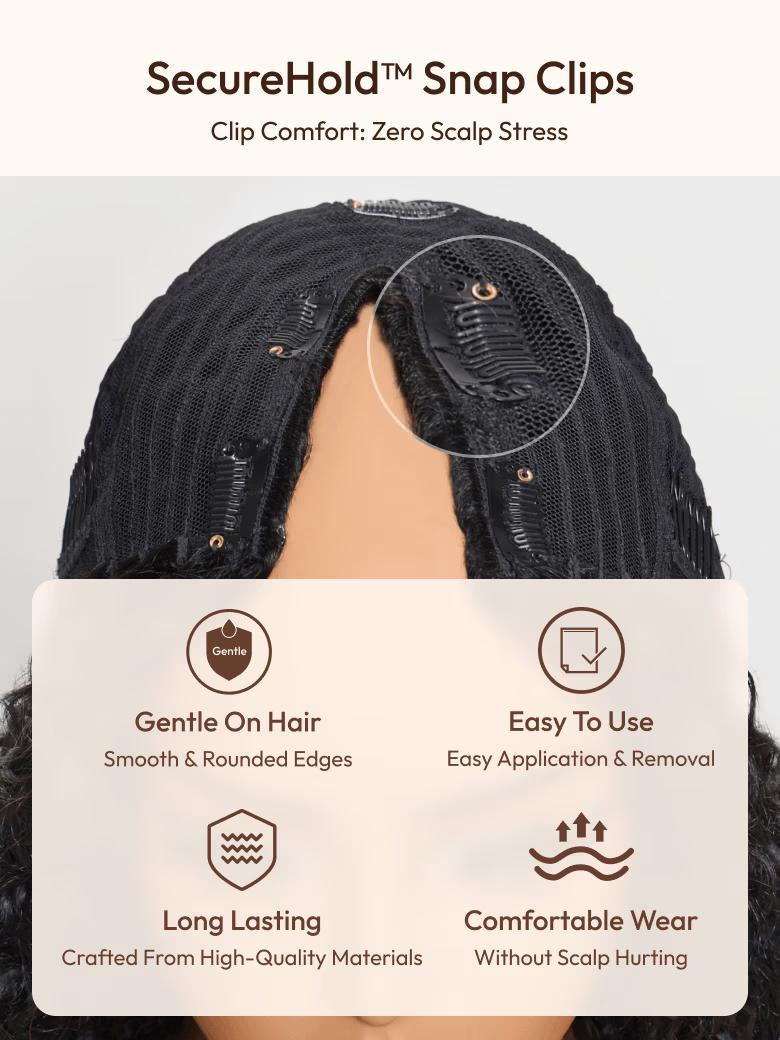 The UNice EasiContour V Part Black to Reddish Brown Ombre Yaki Straight Wig image highlights SecureHoldTM Snap Clips, Clip Comfort:ZeroScalp Stress, Gentle, Gentle On.