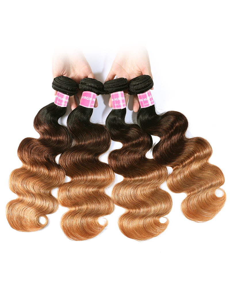 The UNice Brazilian Ombre 4Pcs Body Wave Remy Human Hair Bundles image highlights VIRGIN, a pair of blonde hair with one piece of hair and body wave texture, ombre.