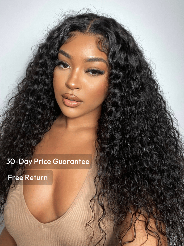 The UNice 7x5 Bye Bye Knots Wig Quick Glueless & HD Lace Wet & Wavy Water Wave Invisible visual image position 3 shows a model with long curly hair and a brown top |.