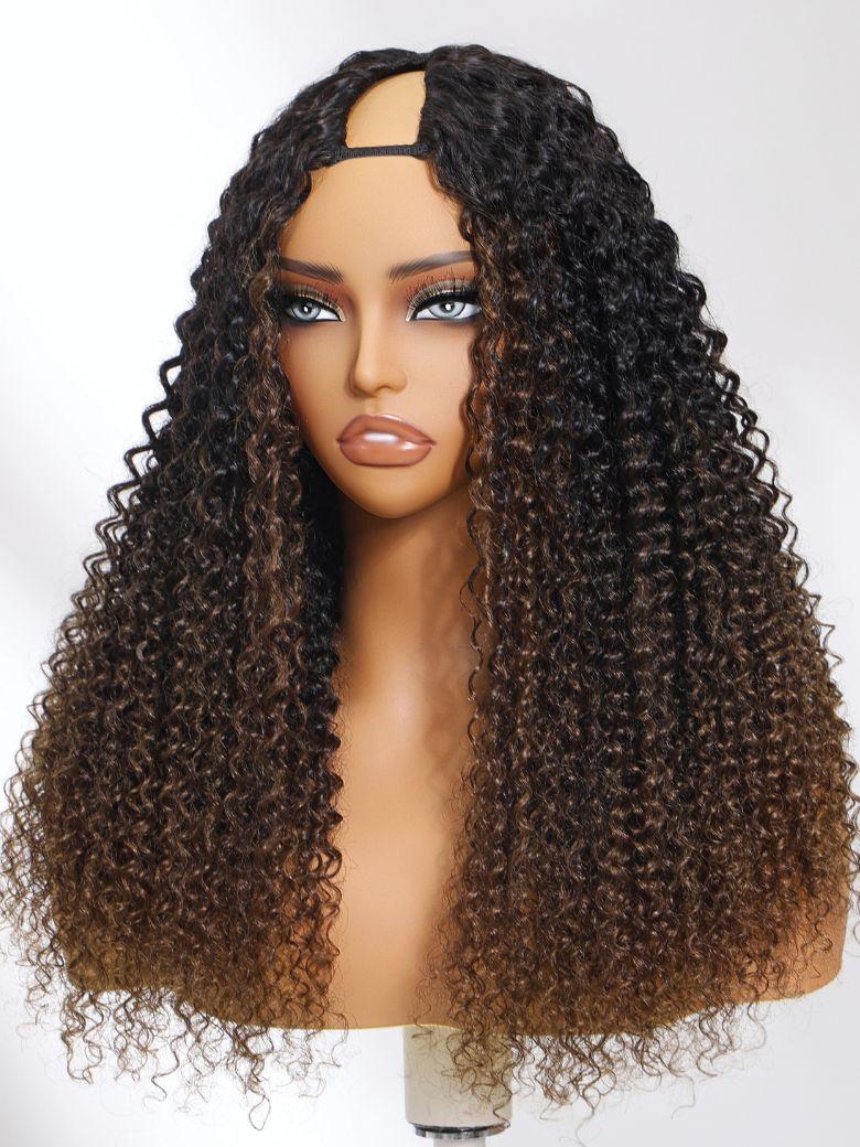 A model displays the UNice EasiContour V Part Black to Chestnut Brown Jerry Curly Drawstring Wig 150%, showing a wig with curly hair on a mann and jerry curl texture.