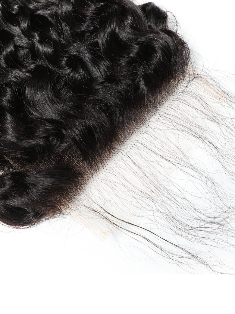 The UNice Undetectable HD Lace 5x5 Closure with 3 Deep Wave Bundles product image shows a close up of a hair piece and deep wave texture, 5x5, lace finish.