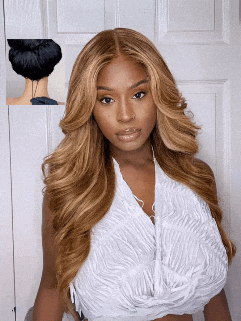 A model displays the UNice Fit 18-24 Inch ByeBye Knots Wig 7x5 Pre-Cut Glueless Lace Honey Blonde Body, showing a model with long blonde hair and a white shirt and body.