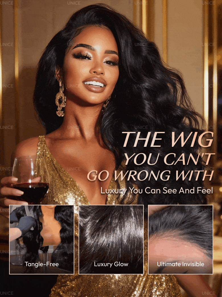 A model displays the UNice 13x4 HD Real Scalp Wig Pull And Go Drawstring Loose Wave with Face Framing, showing a woman in a gold dress holding a glass of wine and loose.