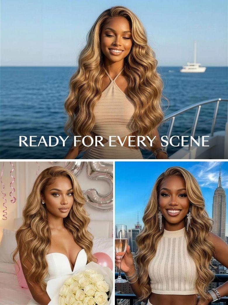 A model displays the UNice 7x5 Bye Bye Slip Wig With Drawstring Pre-Cut Glueless Lace Honey Blonde Body, showing a model with long wavy hair and a white dress and body.