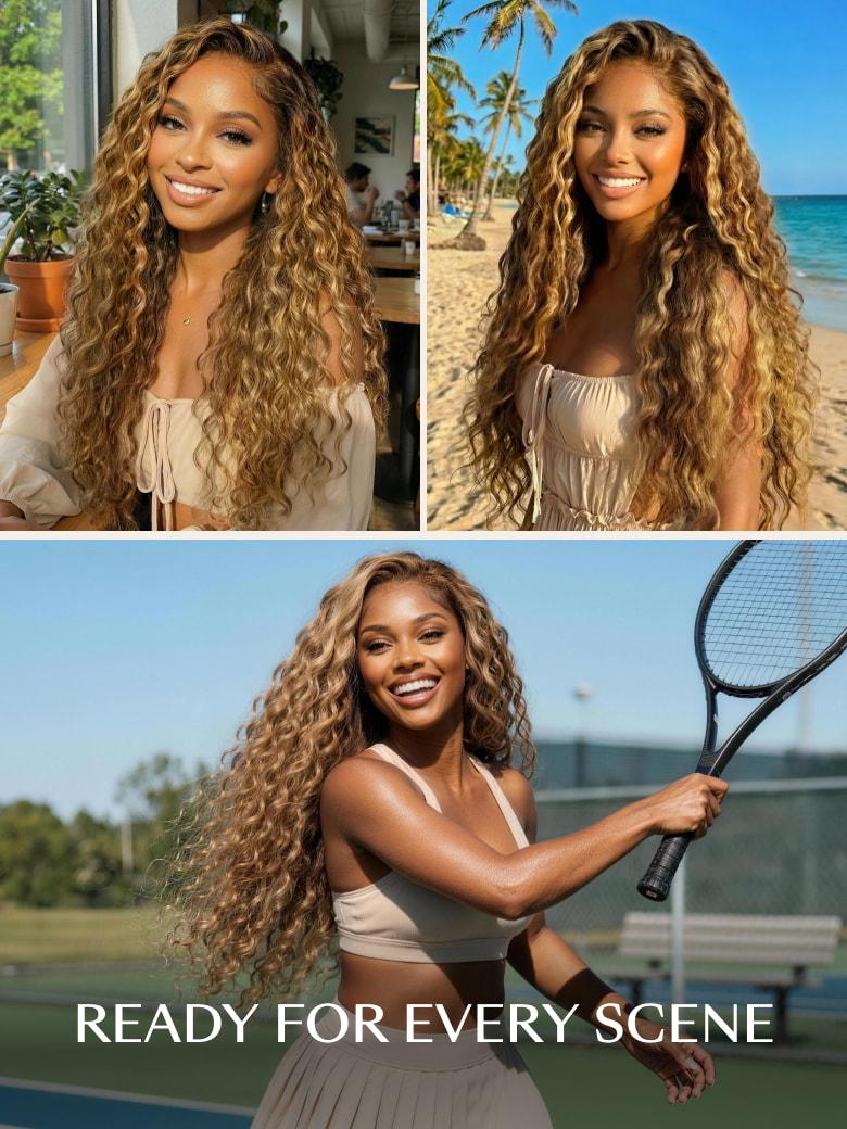 A model displays the UNice 13x4 Bye Bye Slip Lace Frontal Bronde Color With Honey Blonde Highlights Water, showing a model with long curly hair and a tennis racket.