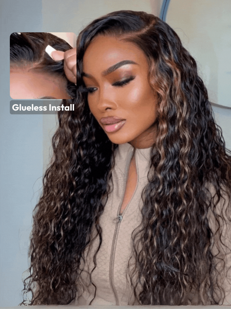 The UNice Bye Bye Knots 7x5 Lace Water Wave Black Wig With Golden Brown Highlights & visual image position 2 shows a model with long curly hair and a brown jacket |.