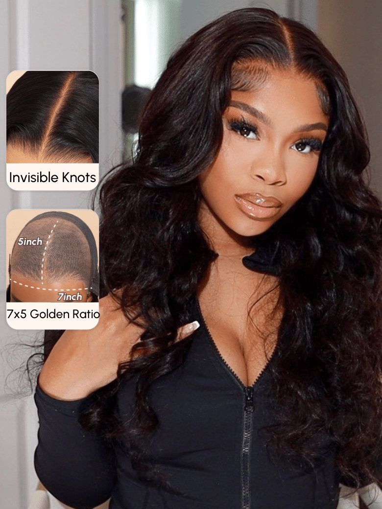 A model displays the UNice 7x5 Glueless Bye Bye Knots Body Wave Wig Pre Cut Lace Pre Plucked Hairline Put, showing a model with long hair and a black top and body wave.