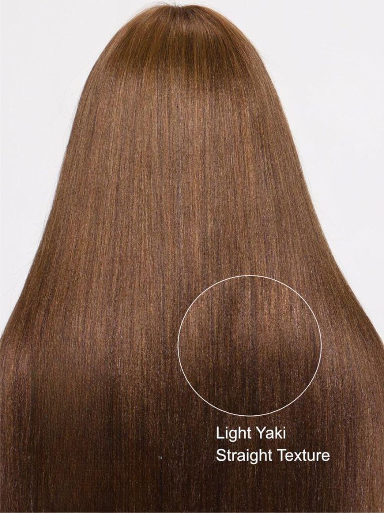 A model displays the UNice Yaki Straight human hair wig with Bangs Chocolate Brown Layered Cut 4x2, showing a model with long brown hair and a white background.