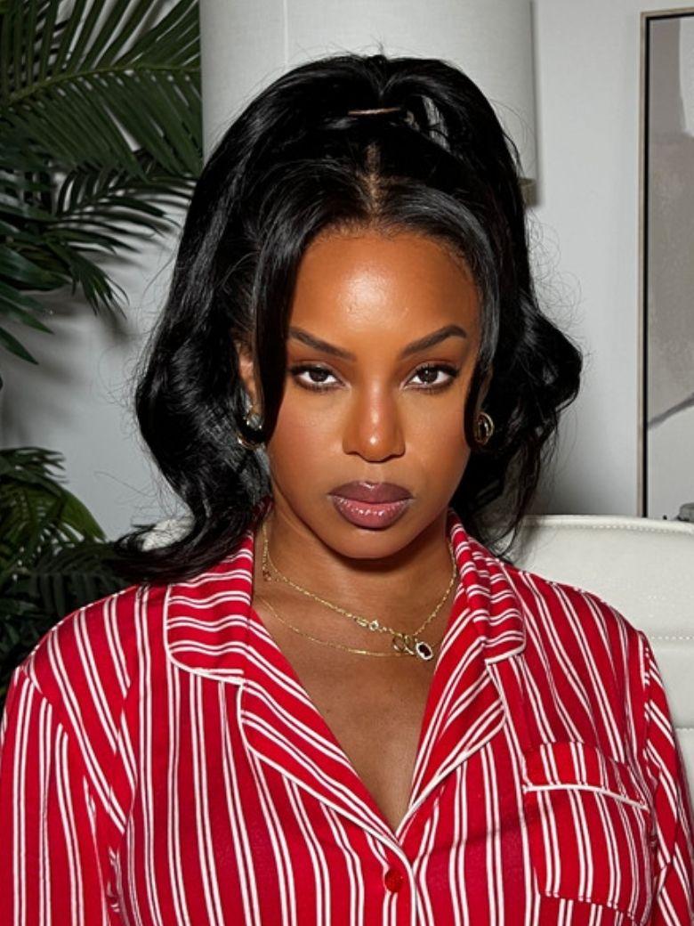 A model displays the UNice HD Real Scalp Wig 13x4 Invisible Lace Frontal Loose Wave with Face Framing, showing a woman in a red and white striped shirt and loose wave.