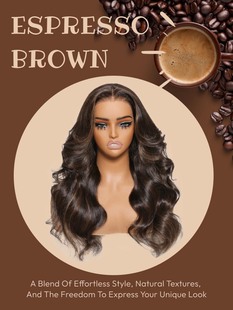 The UNice 13x4 Pre-Everything Glueless Lace Frontal Espresso Brown With Highlights Loose image highlights ESPRESSO, BROWN, A Blend Of EffortlessStyle, Natural Textures.