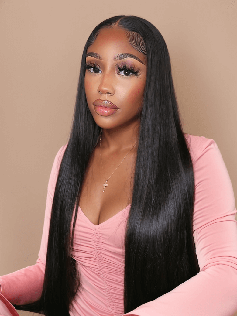 A model displays the UNice 5x5 HD Invisible Lace Closure With 3Pcs Straight Human Hair Bundles, showing a model with long black hair wearing a pink top and straight.