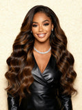 A model displays the UNice Ins Exclusive Discount UNice 7x5 Bye Bye Knots Wig Glueless Lace Balayage, showing a woman wearing a black leather jacket and a long wavy hair.