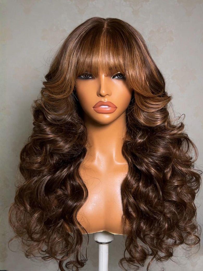 The UNice 13x4 Bye Bye Slip Lace Frontal Soft Ombre Caramel Brown Balayage Body Wave Wig product image shows a wig with long wavy hair and body wave texture, ombre, 13x4.