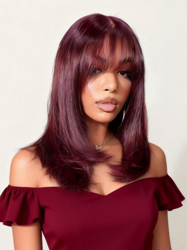 A model displays the UNice Human Hair Black Cherry Bye Bye Knots 7x5 Lace Glueless Bob Drawstring Layer wig, showing a model with long, dark hair wearing a burgundy wig.