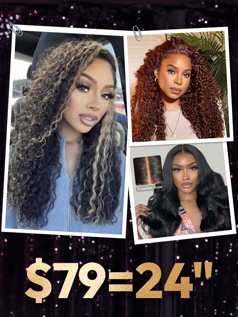A model displays the UNice 180% Density Pre-Cut 6x4.5 Glueless Lace Honey Brown Highlights/ Reddish wig, showing a model with curly hair and a photo of her hair and body.