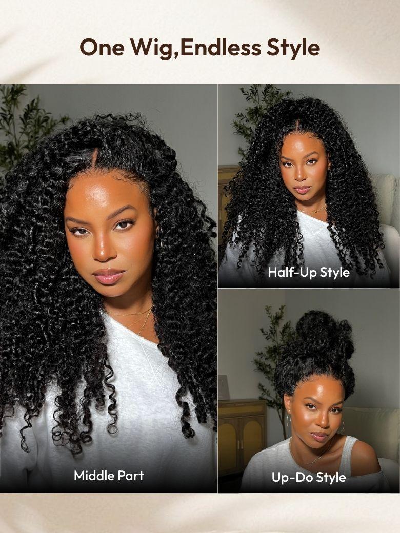 A model displays the UNice 7x5 Bye Bye Slip Glueless Lace Natural Black Curly Wig With Babyhair - Put &, showing one wig style for curly hair and curly texture, natural.