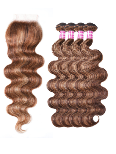 The UNice Honey Blonde Piano Highlighted Body Wave 4Pcs Bundles With Closure product image shows body wave hair extensions and body wave texture, honey blonde, highlight.