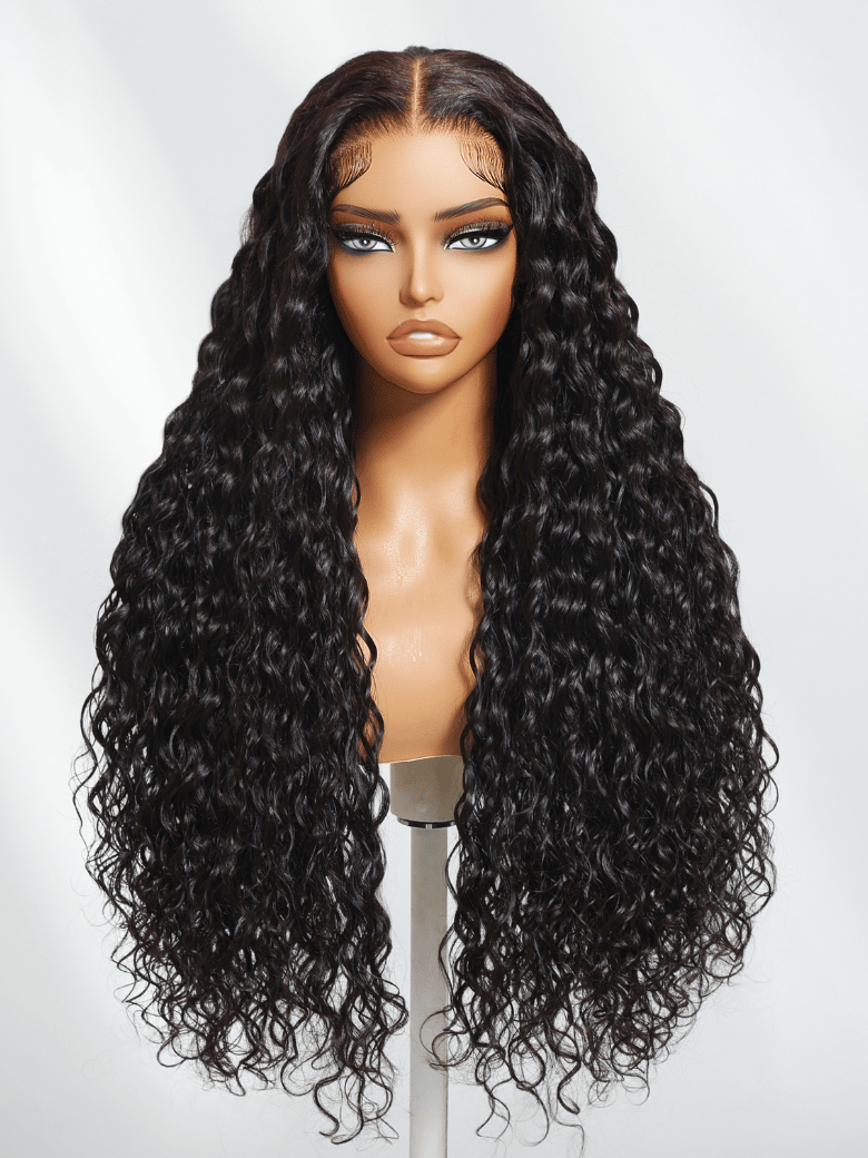 The UNice 7x5 Bye Bye Knots Wig Quick Glueless & HD Lace Wet & Wavy Water Wave Invisible product image shows a wig with long curly hair and water wave texture, 7x5.