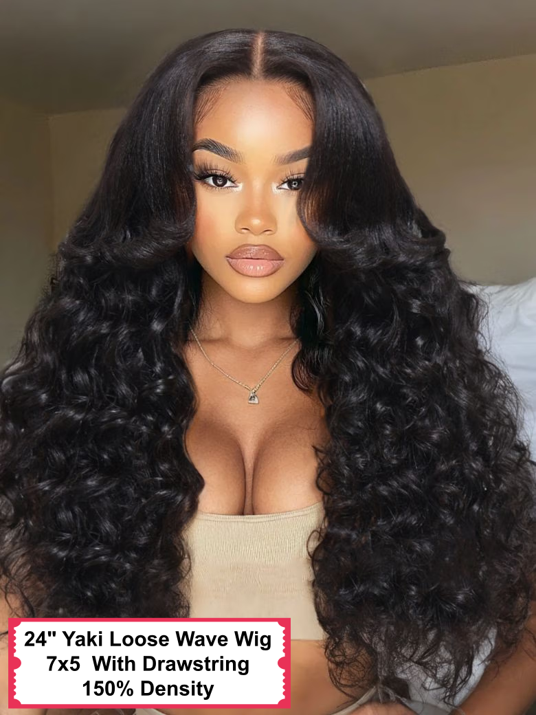 A model displays the UNice 20"-24" 13x4/7x5 Lace Yaki Loose Wave/Water Wave Curly/Loose Wave With bangs wig, showing a model with long curly hair wearing a wig and water.