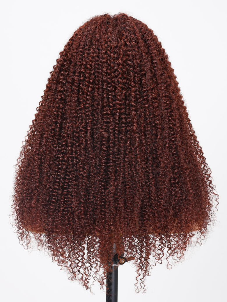The UNice 7x5 Bye Bye Knots Wig Glueless Lace Sunset Kinky Curly for Reddish Brown Wig product image shows a wig with curly hair on a white background and kinky curly.