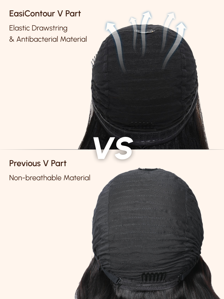 The UNice EasiContour V Part Glueless Kinky Straight Bouncy Natural Black Wig image highlights EasiContourVPart, ElasticDrawstring, &Antibacterial Material, VS.