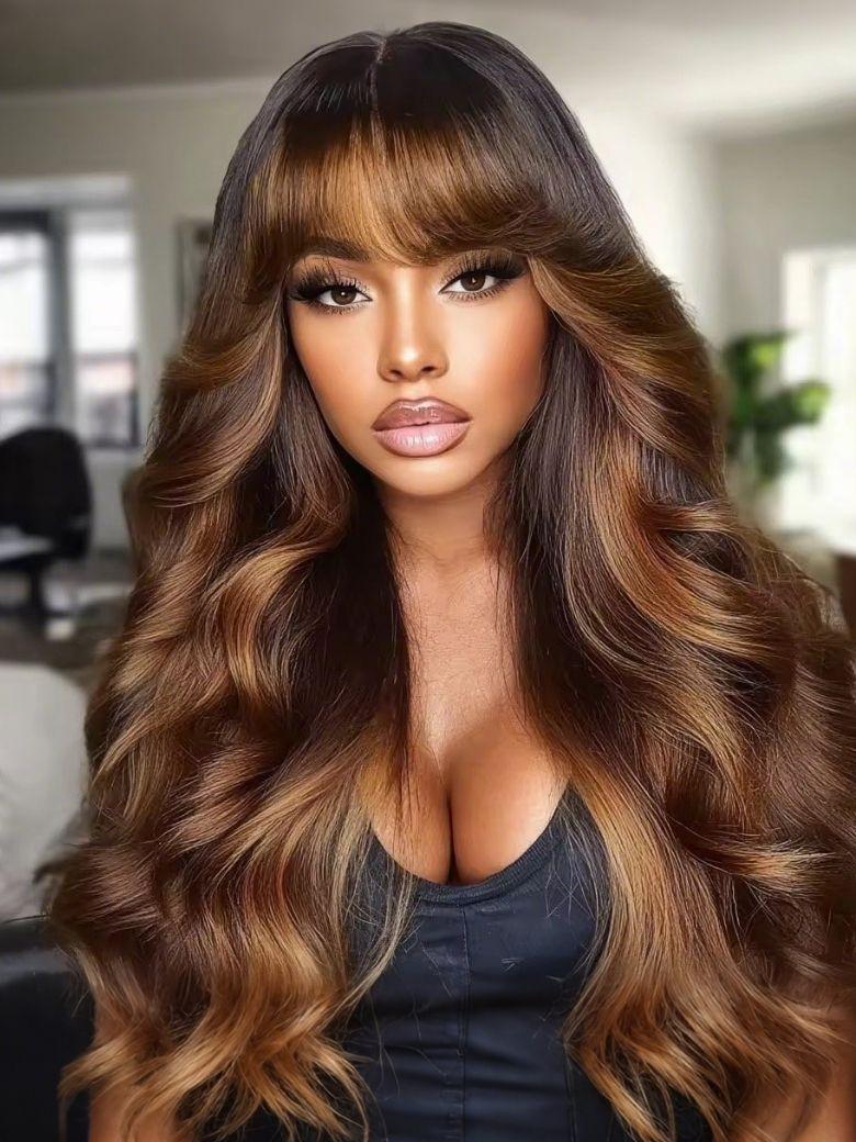 A model displays the UNice 7x5 Black Brown Money Piece Fluffy Loose Wave Curtain Bangs Wig, showing a model with long brown hair and a black dress and loose wave.