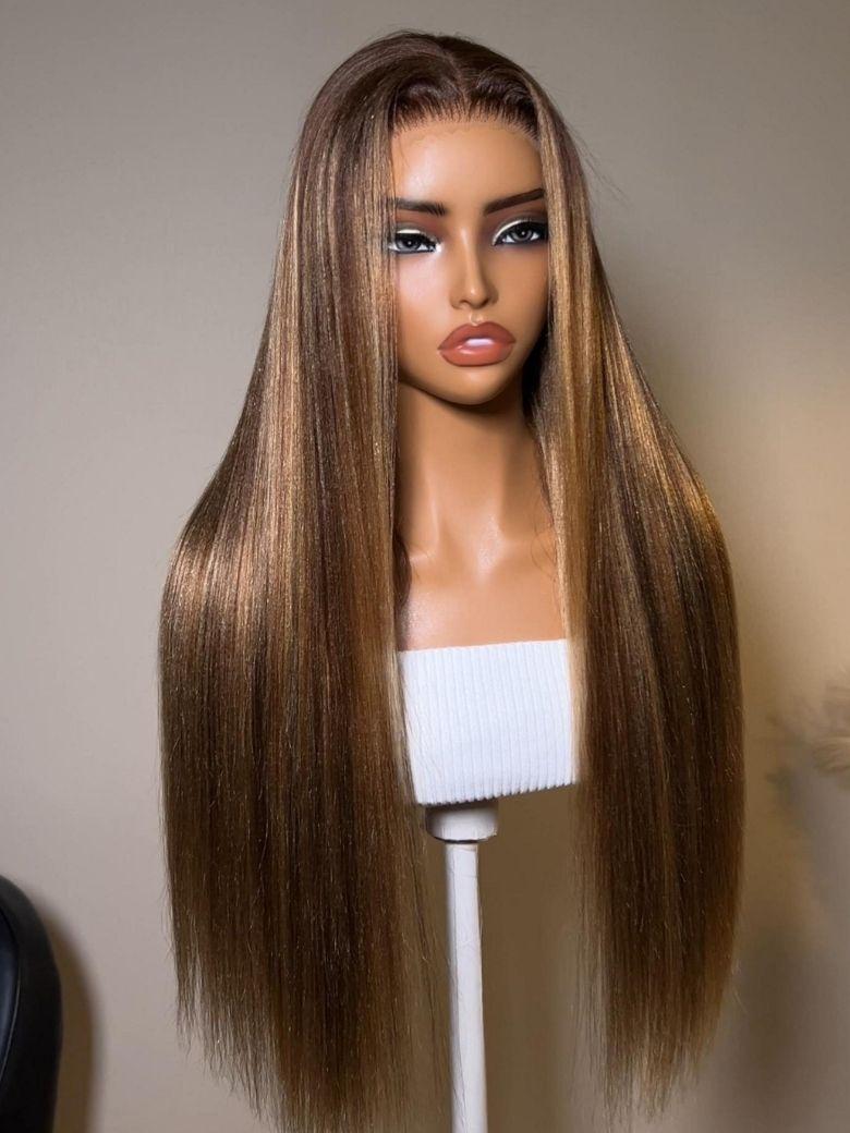 The UNice 13x4 Bye Bye Slip Lace Frontal Soft Ombre Caramel Brown Balayage Body Wave Wig product image shows a wig with long wavy hair and body wave texture, ombre, 13x4.