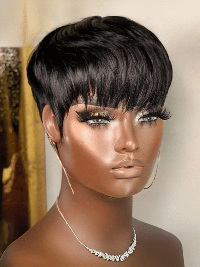 The UNice Short Pixie Cut Human Hair Glueless Wig With Side Bangs product image shows short black straight synthetic synthetic hair wigs and glueless wear.