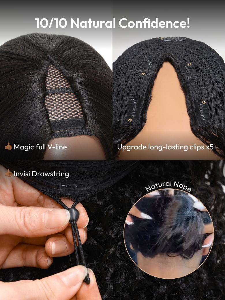 A model displays the UNice Fit All Head Size UNice EasiContour V Part Glueless Yaki Straight Wig Invisi, showing a model is using a hair curl to curl her hair.