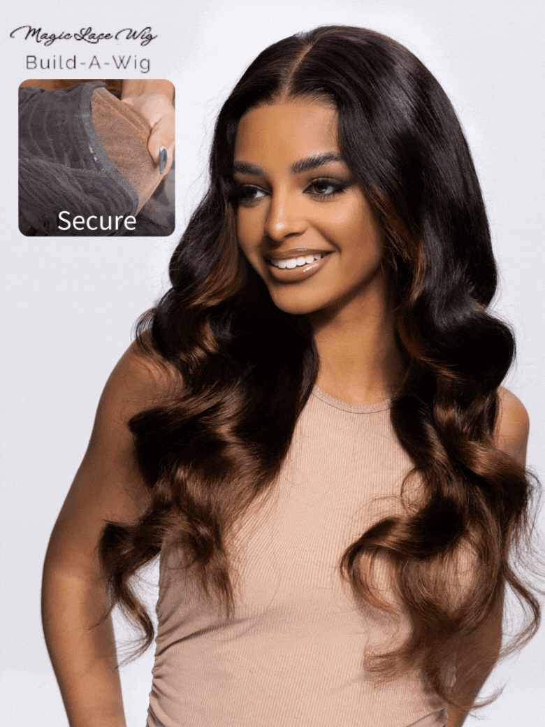 A model displays the UNice Magic Lace Wig Black to Chestnut Brown Ombre Body Wave With Optional 7x5, showing a model with long hair and a smile and body wave texture.