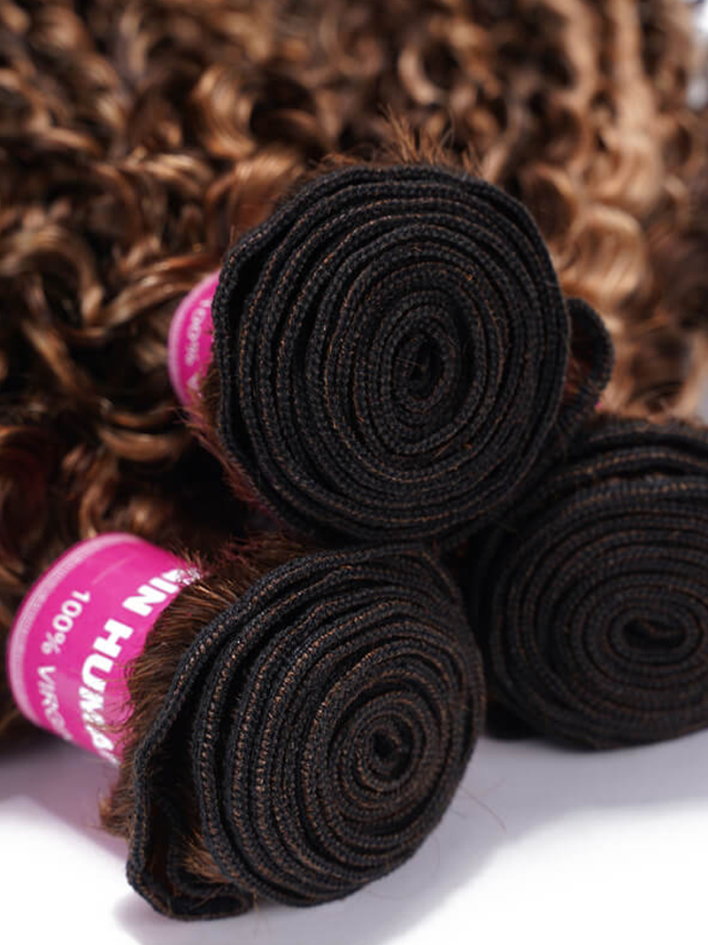 The UNice Curly Hair With Blonde Highlight Human Hair Weft One Bundle product image shows a bunch of curly hair and curly texture, highlight, bundle fullness.