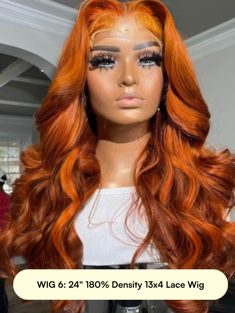 A model displays the UNice 22-28 Inch High-Density (200%+) Humanl Hair Wig, showing a model with long red hair and a white shirt.