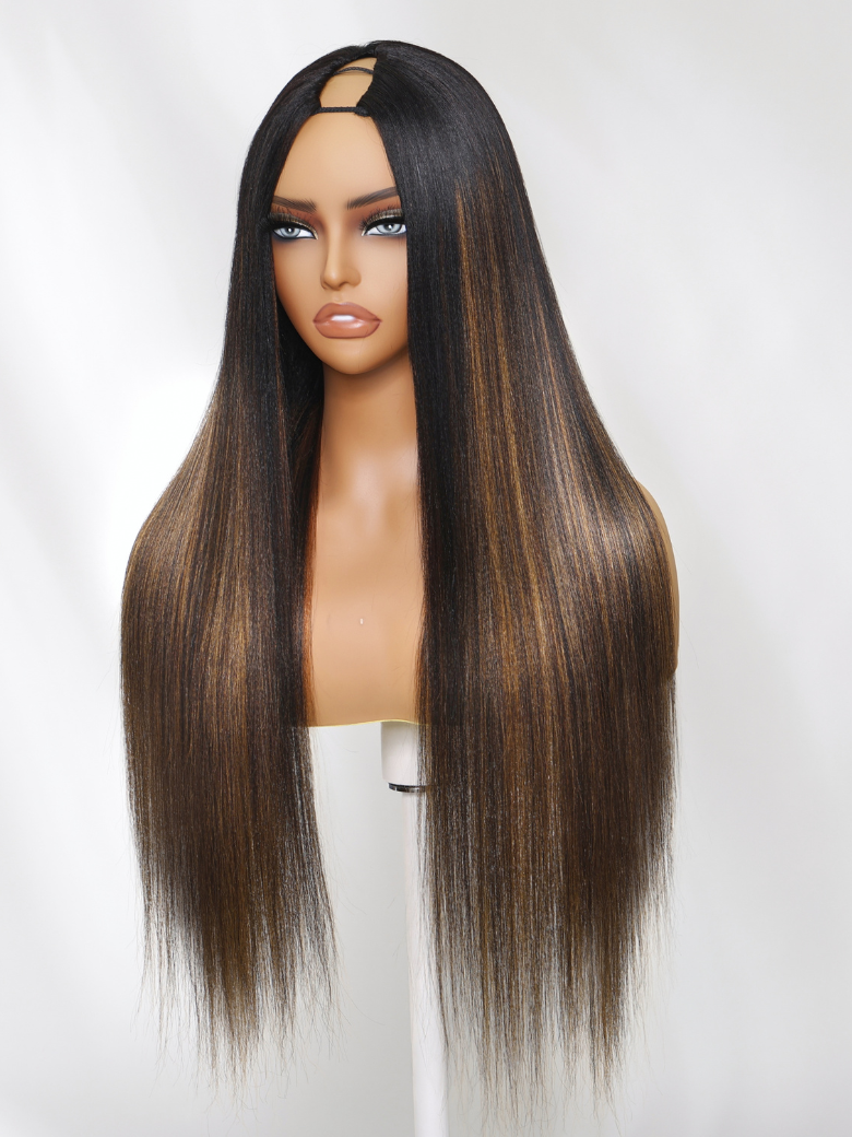 The UNice Everyday Elegance Meets Comfort Brown Ombre Straight Yaki Beginner Friendly V wig visual image position 3 shows a wig with long hair on a mann | straight.