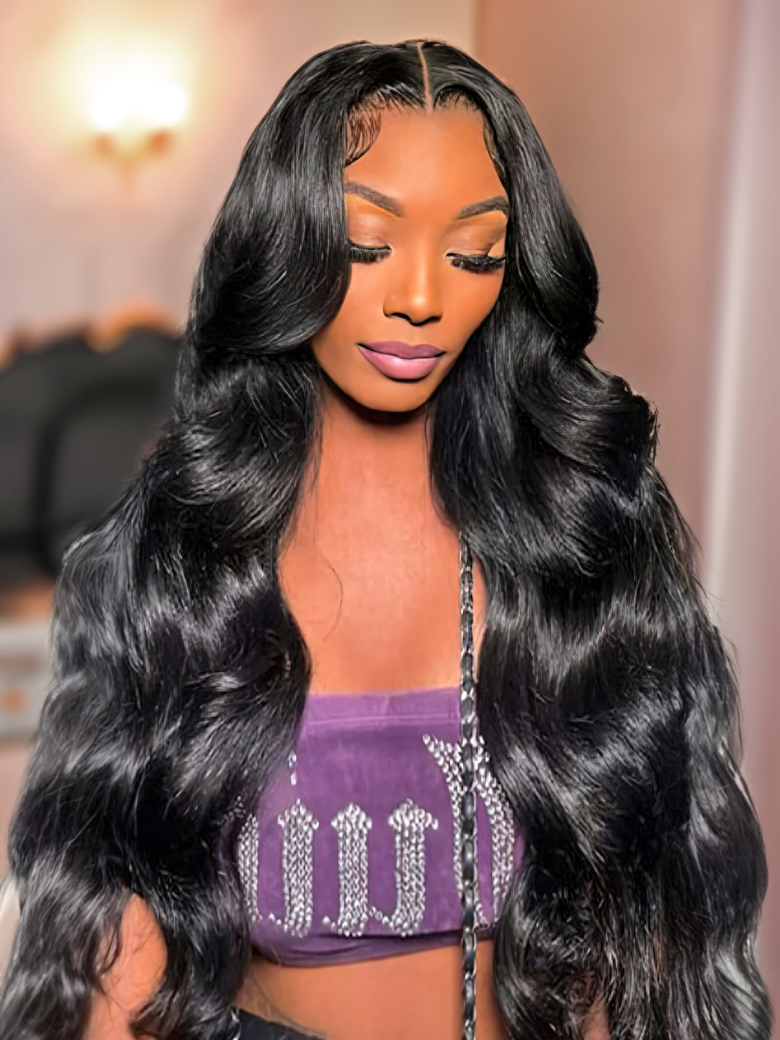 The UNice Hair Bundles 3 Pcs/pack Brazilian Body Wave Virgin Human Hair Very Bouncy Hair image highlights HD, a doll with long hair and a purple bra and body wave.