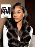 A model displays the UNice 3Pcs Remy Hair Body Wave Bundles with Lace Closure VIP Exclusive, showing a model with long black hair and a white shirt and body wave.