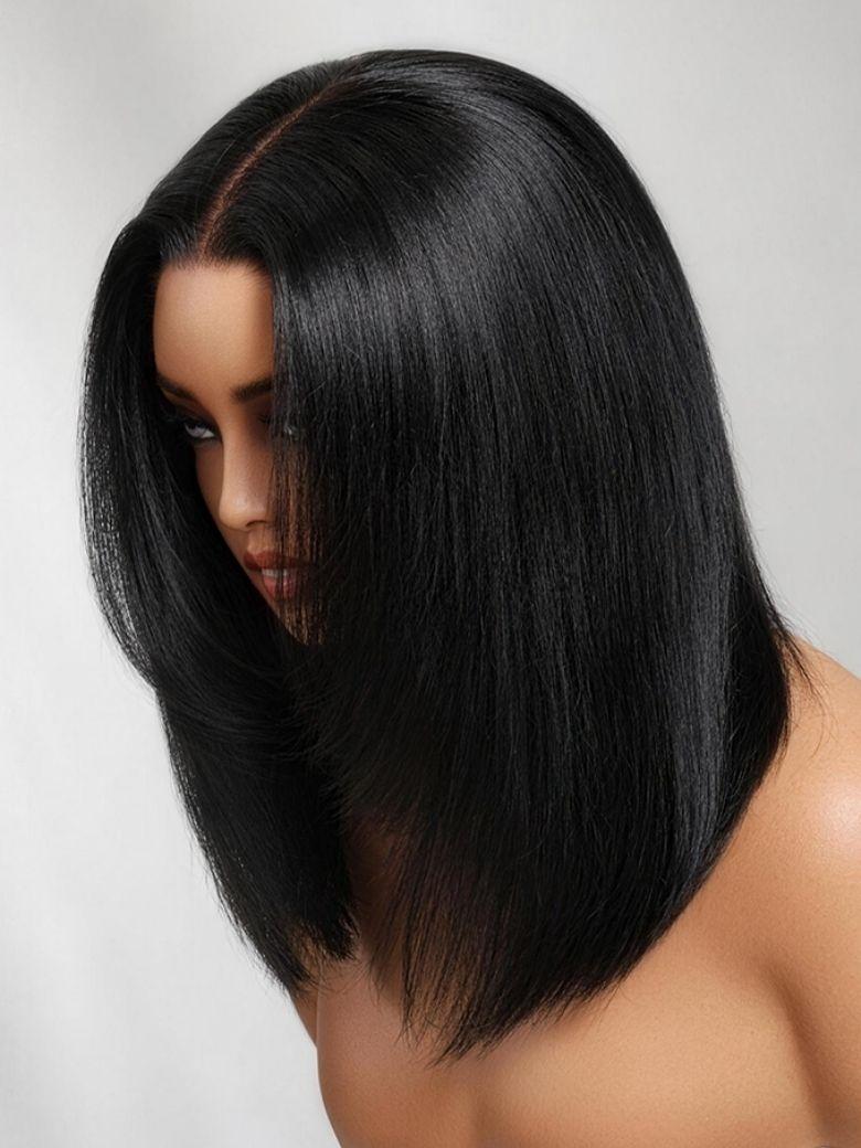 A model displays the UNice Full Lace 100% Handmade Black Straight Bob Wig with Face Framing Layers, showing a model with long black hair and straight texture, lace.
