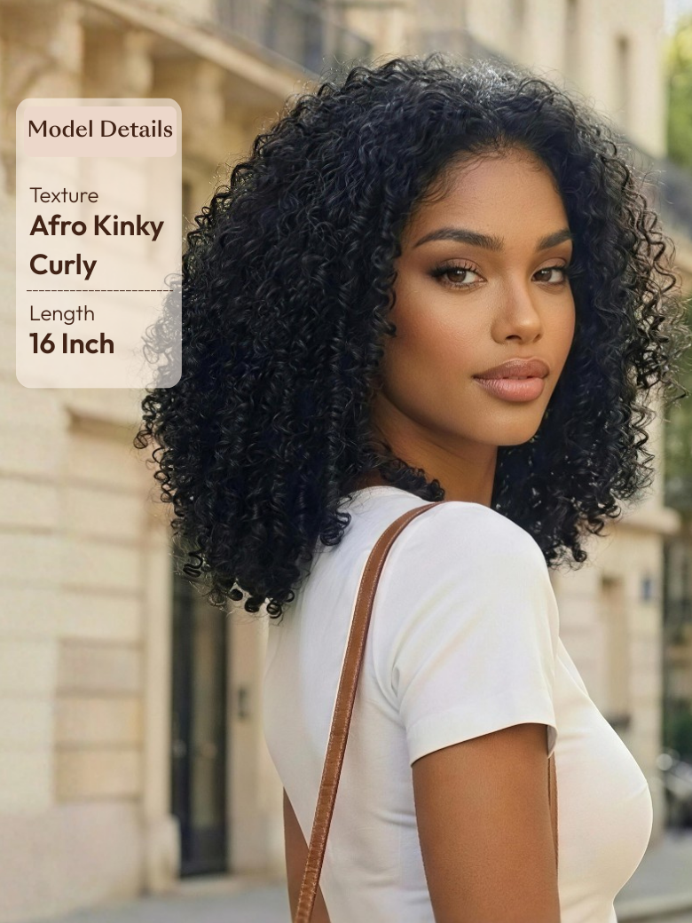 A model displays the UNice InvisiBlend V part Jerry Curly& Kinky Curly Wig Invisi Drawstring Human Hair, showing a model with curly hair and a white shirt and kinky.