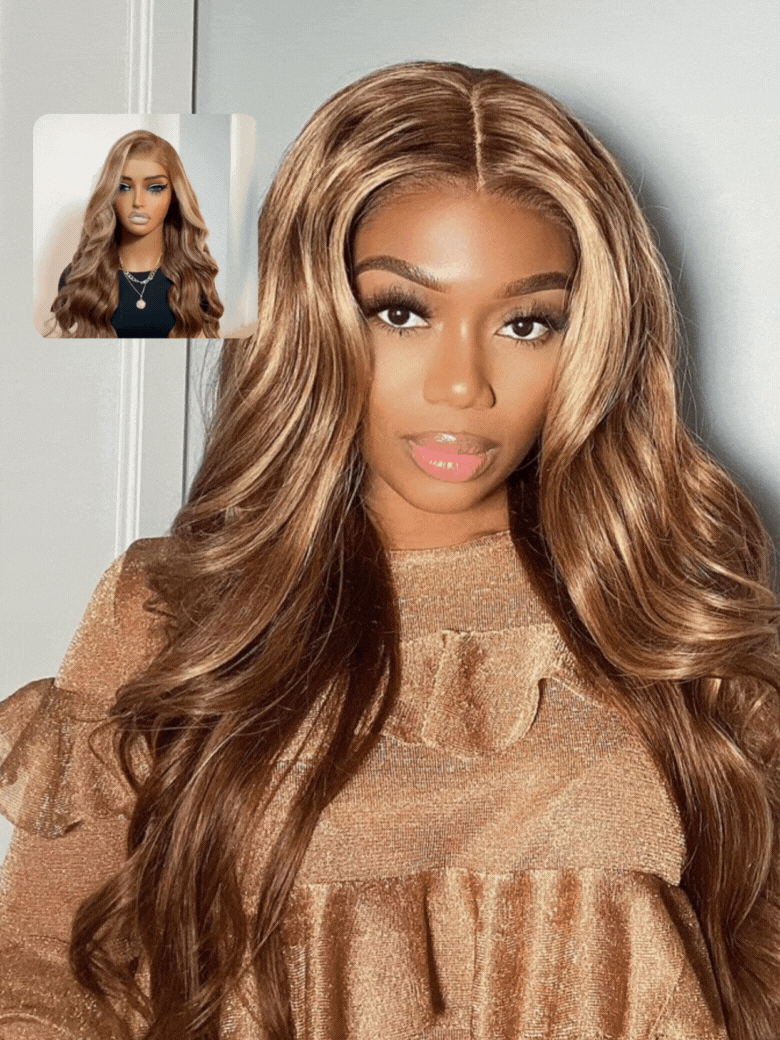 A model displays the UNice Beginner Friendly 6x4.5 Pre Cut Lace Put On And Go Honey Blonde Highlights wig, showing a model with long brown hair and a brown top and body.